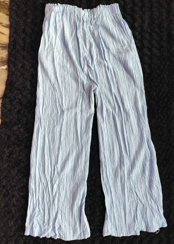 Light Blue Crinkle Wide-Leg Pants