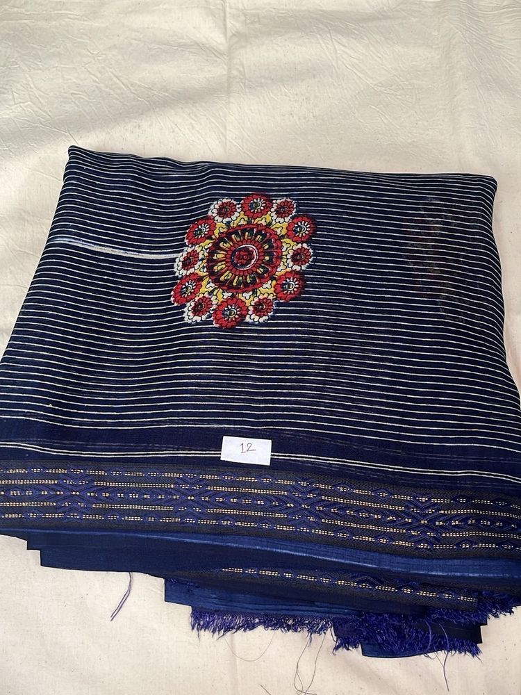 Elegant Navy Blue Saree with Floral Embroidery