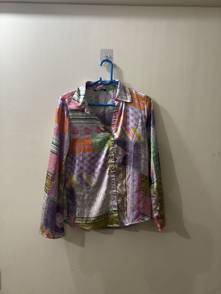 Bohemian Patchwork Print Satin Shirt