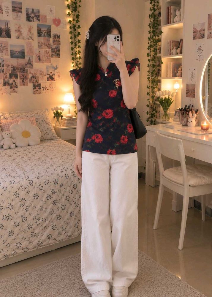 Chic Floral Navy Blue Kurta Top