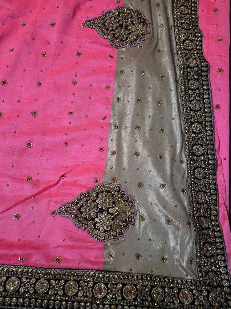Embellished Pink &amp; Grey Saree