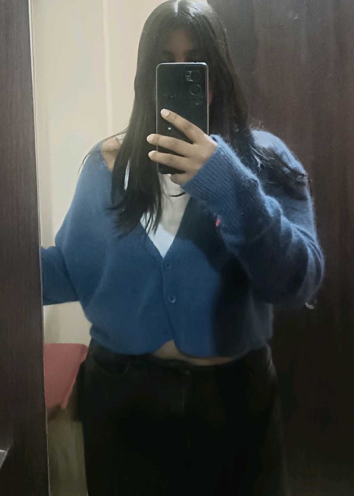 Blue Cropped Knit Cardigan