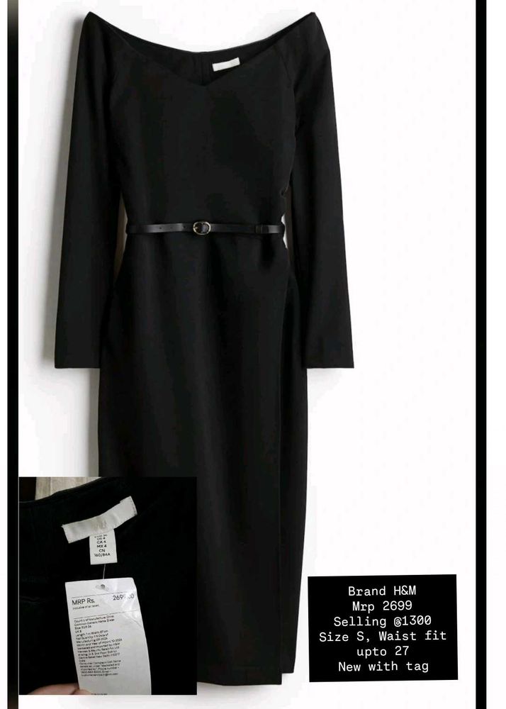 H&amp;M Elegant Black Midi Dress with Belt