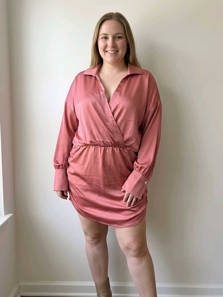 Plus Size Rose Pink Made In Italy Satin Wrap Dress