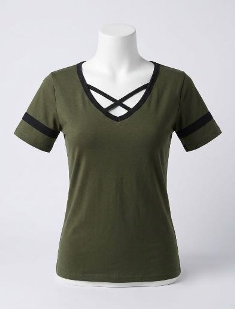 Criss-Cross Neck Olive Green T-Shirt