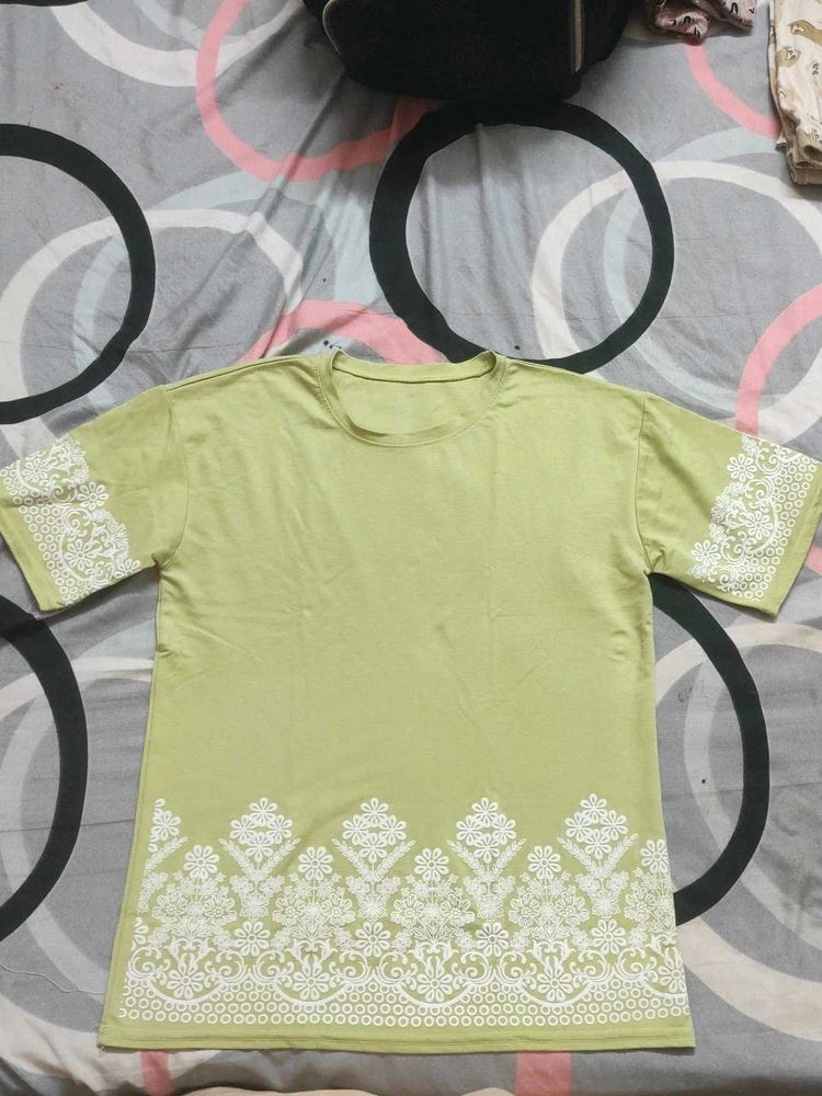 Light Green T-Shirt with White Lace Trim
