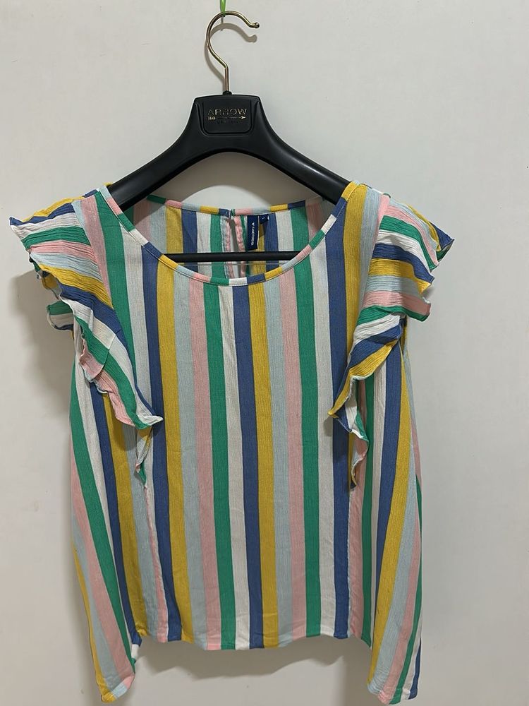 Colorful Striped Ruffle Sleeve Top