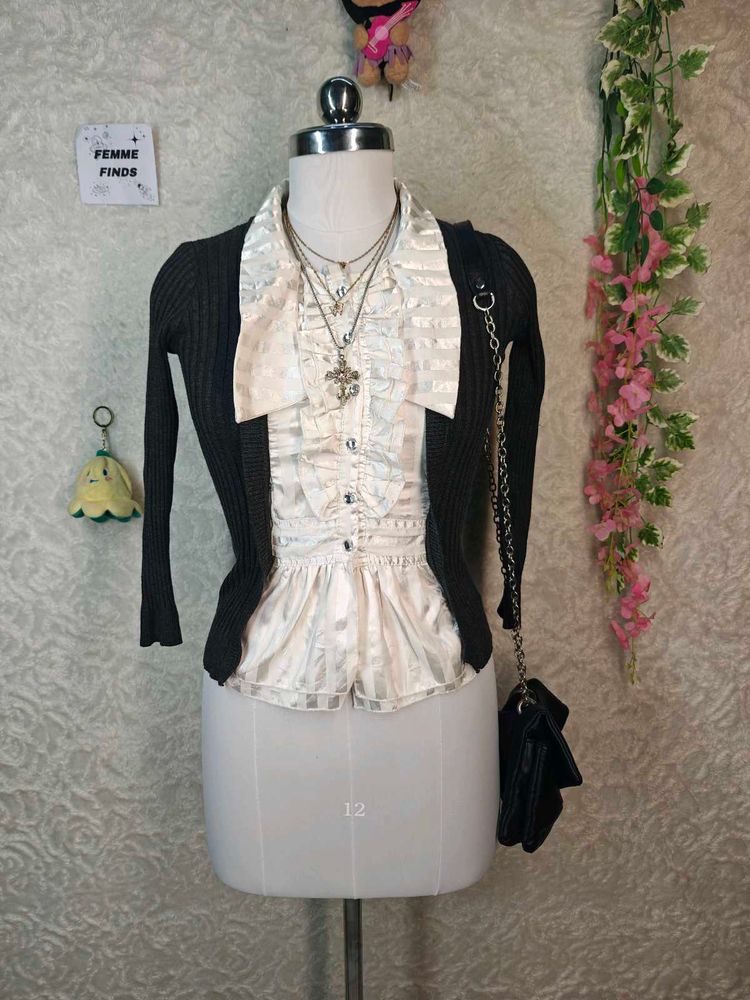 Chic Ruffled Cream Blouse &amp; Cardigan Set