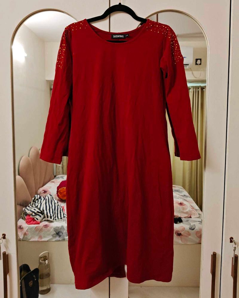 Red Dress with Embellished Shoulders