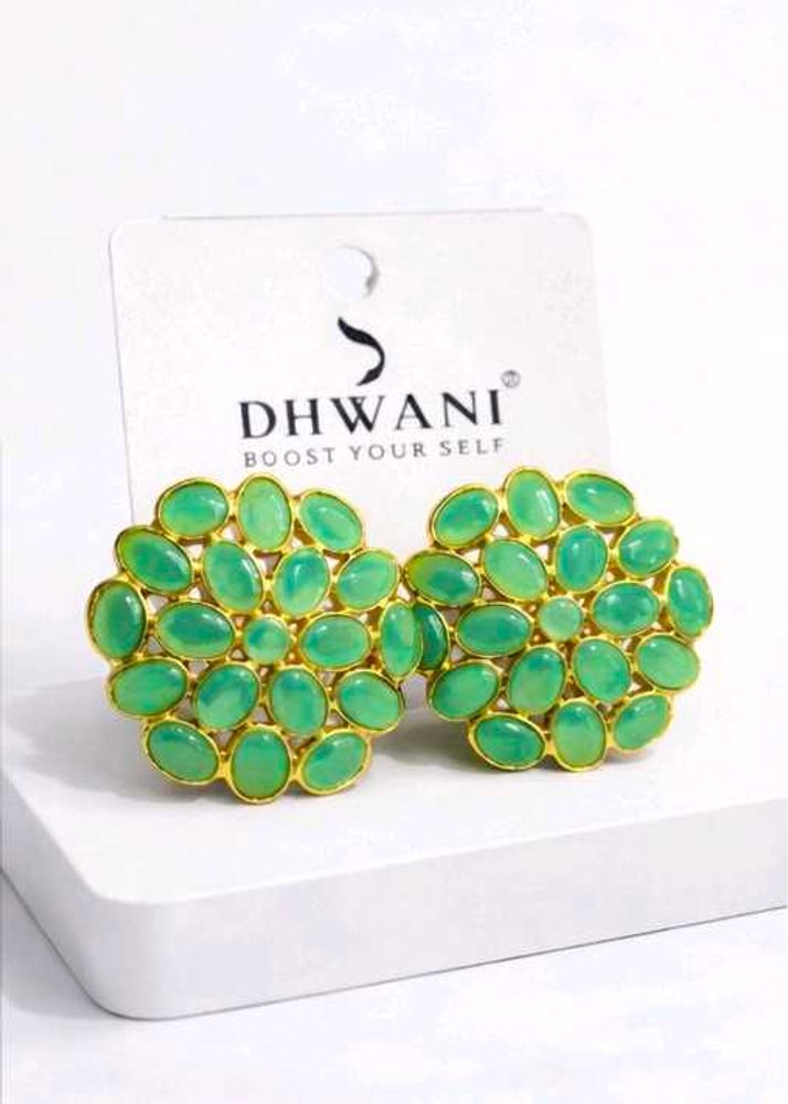 ✨ Green Stone Floral Stud Earrings | Gold Finish |