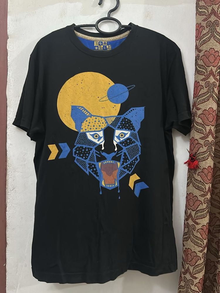 Black T-Shirt with Geometric Tiger Print