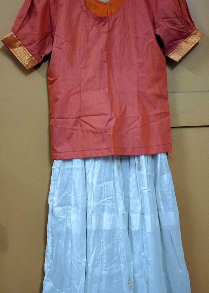 Coral Orange &amp; Cream/White Pattu Pavada Set