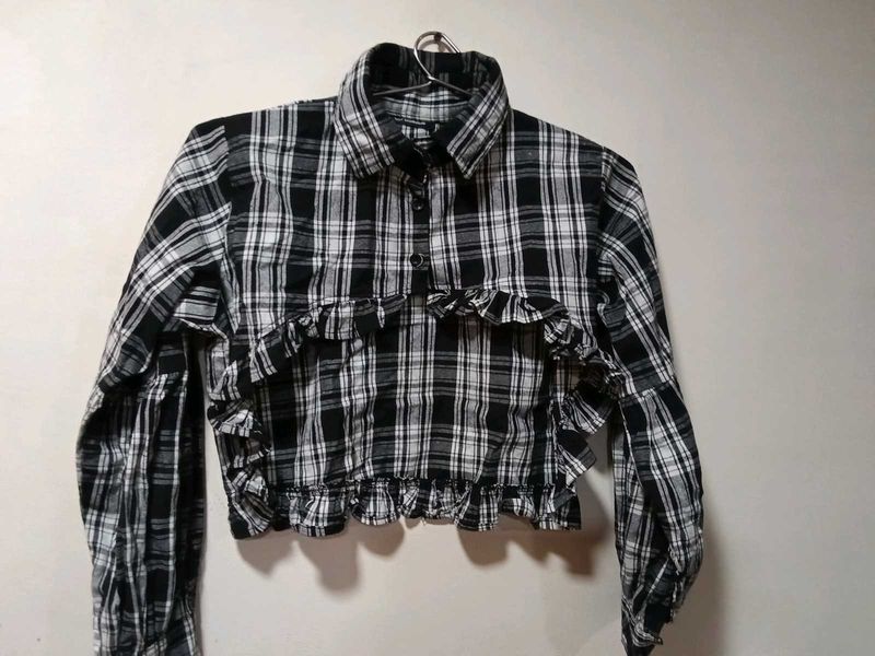 Black &amp; White Plaid Ruffle Cropped shrug