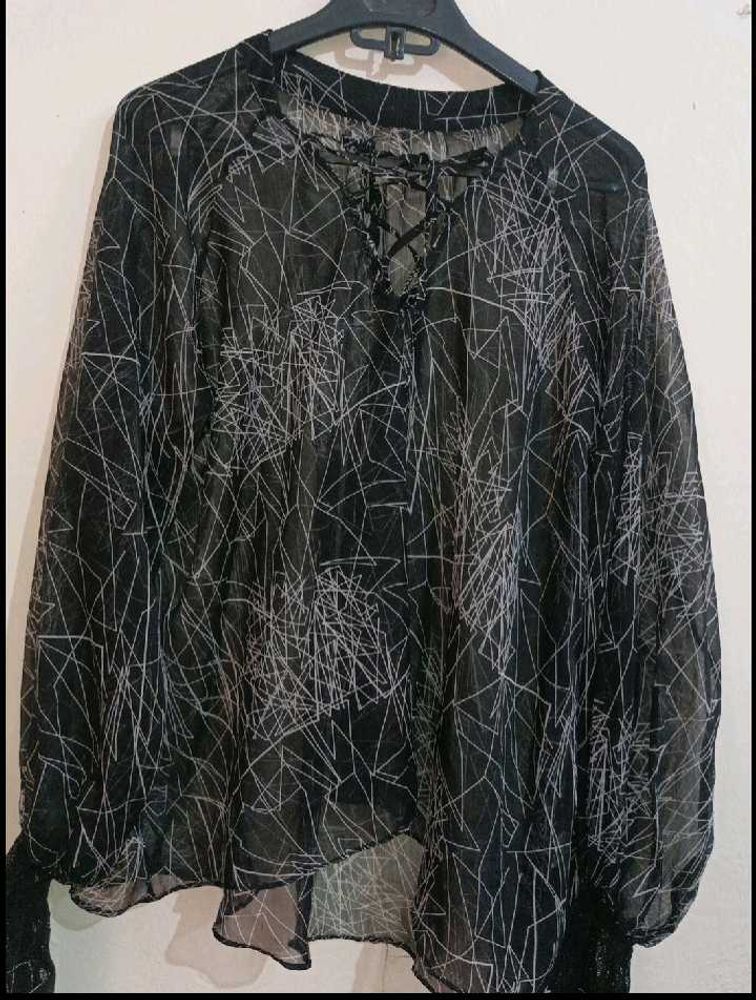 Elegant Black Sheer Chiffon Abstract Print Top