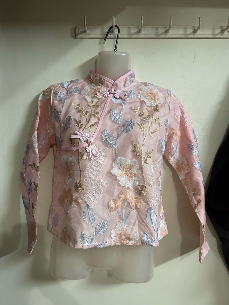 Pink Floral Embroidered Kurta Top