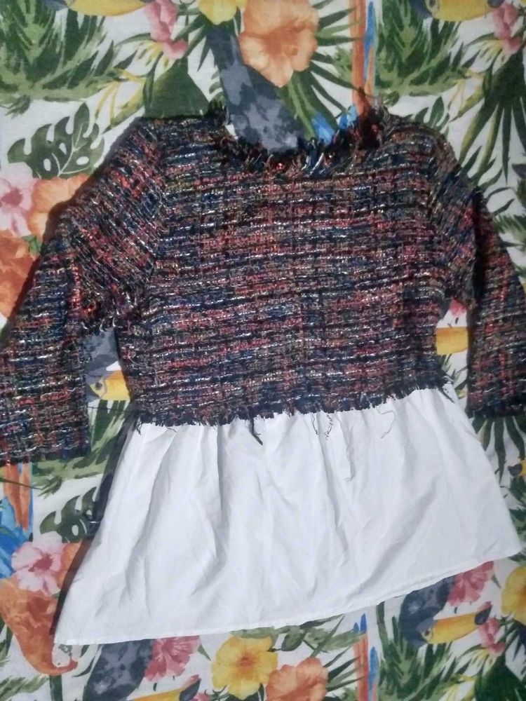 Tweed Peplum Top with White Skirted Hem