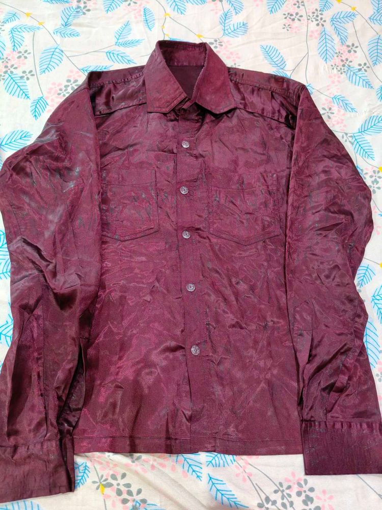 Men's Burgundy Textured Dress Shirt
