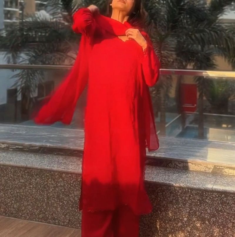 chikankari hot red kurti set