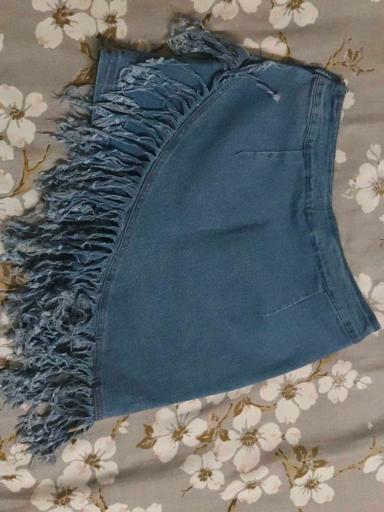 Denim Skirt with Fringe Detail