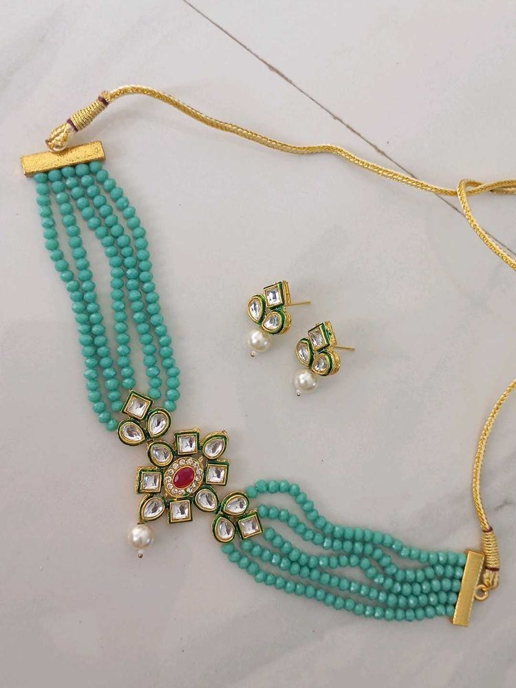 Turquoise Beaded Choker Necklace &amp; Earrings Set