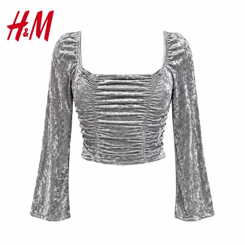 H&amp;M Silver Velvet Ruched Top