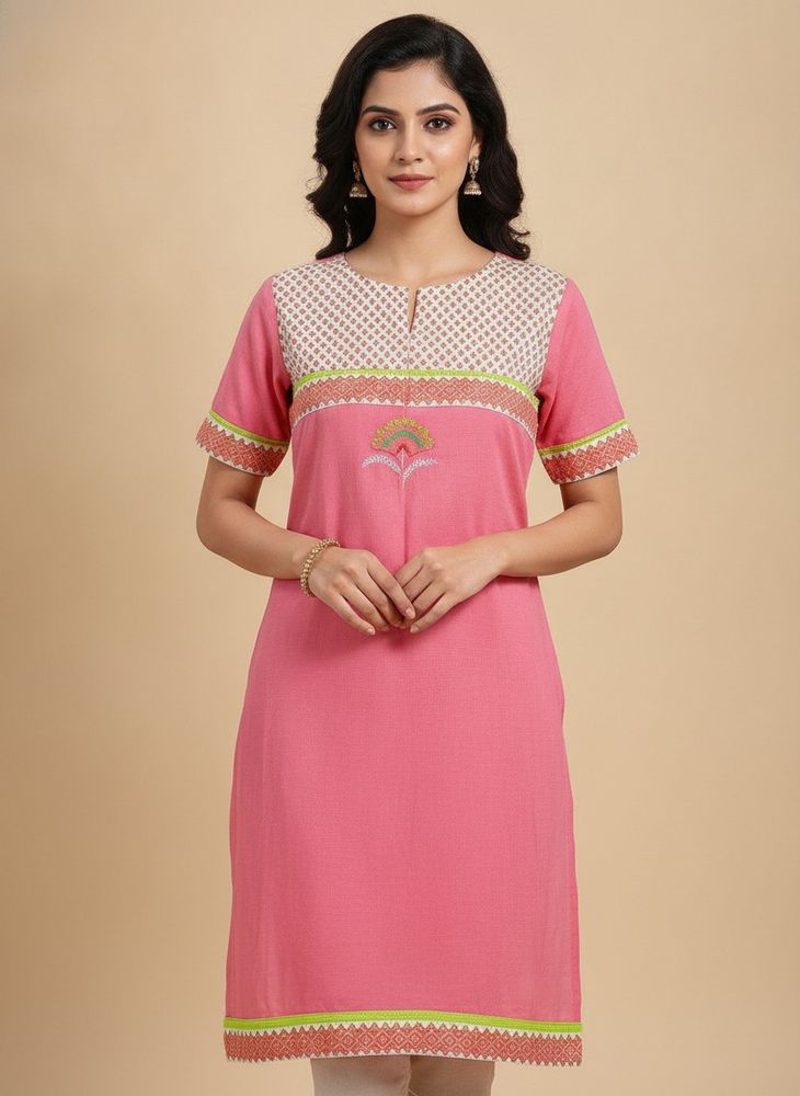 Pink Kurta with Embellished Neckline