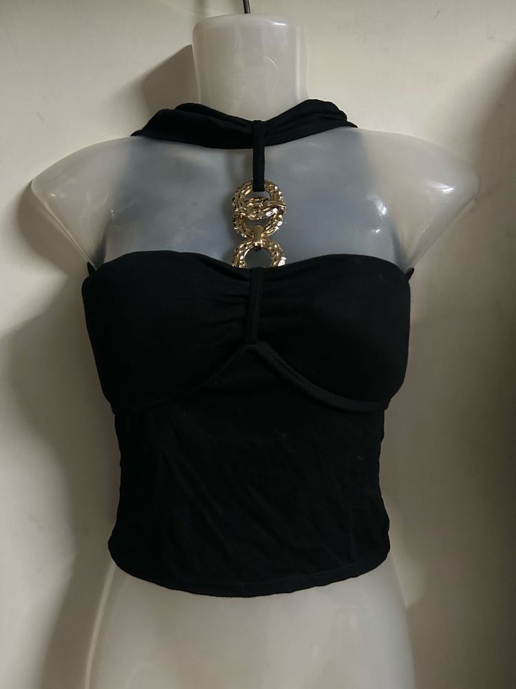 Chic Black Halter Neck Top with Gold Detail