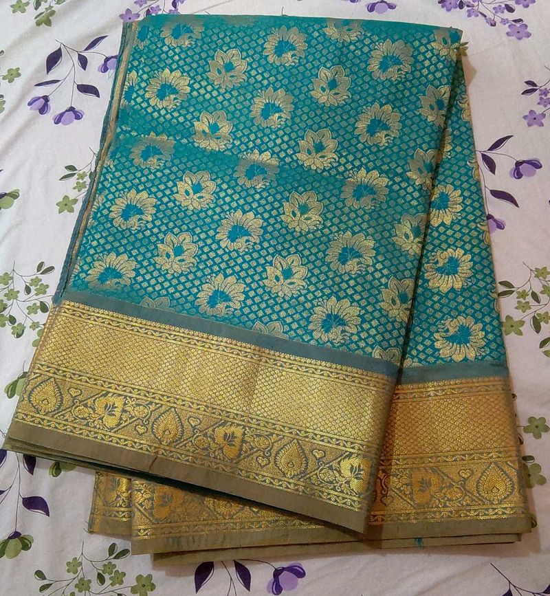 Exquisite Teal &amp; Gold Brocade Saree