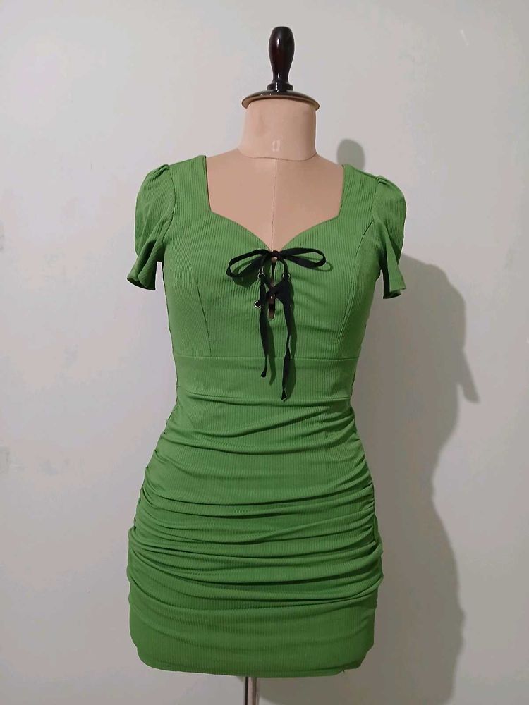 Green Ruched Lace-Up Dress