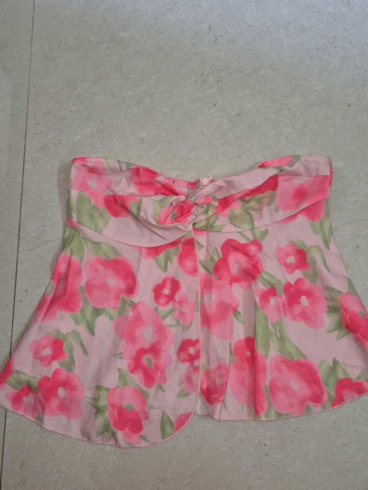 Pink Floral Twist Front Strapless Top