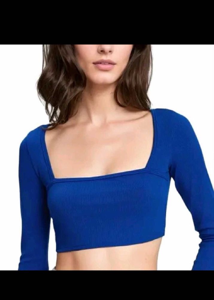 Blue Square Neck Long Sleeve Crop Top