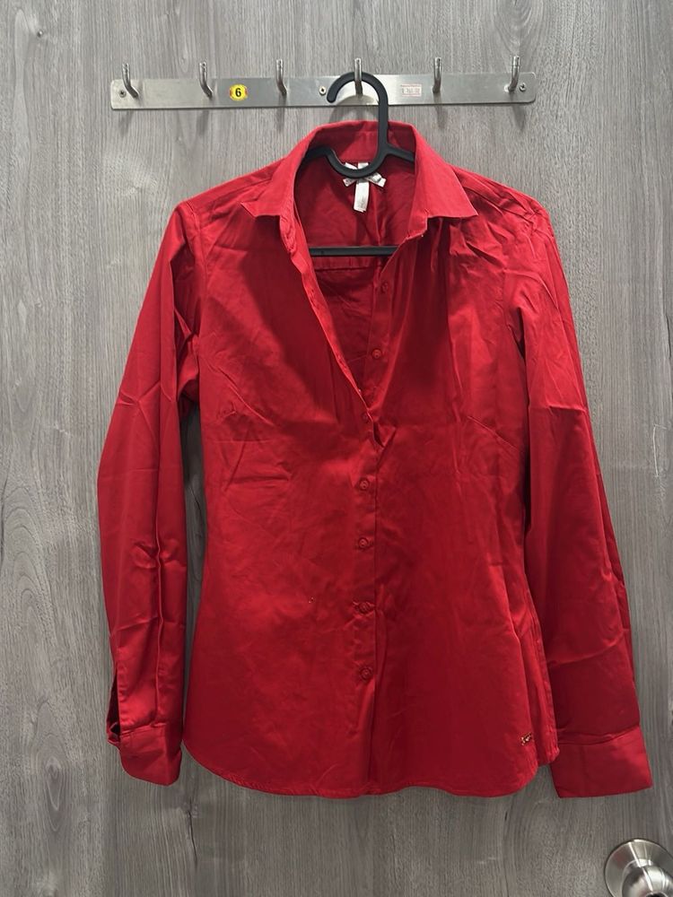 Red Button-Up Long Sleeve Top