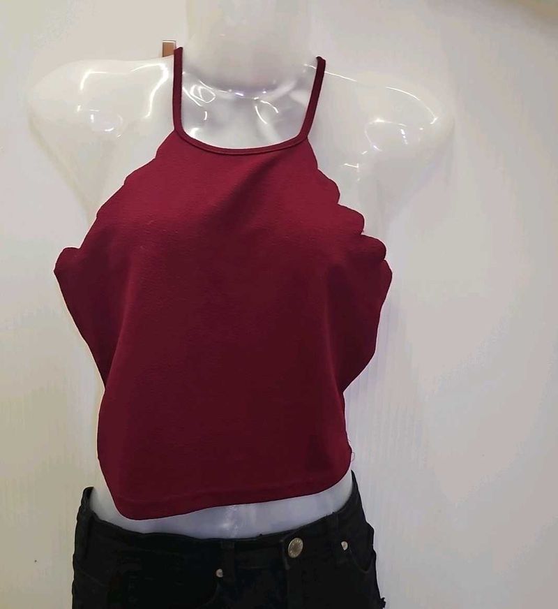 Maroon Scalloped Halter Crop Top