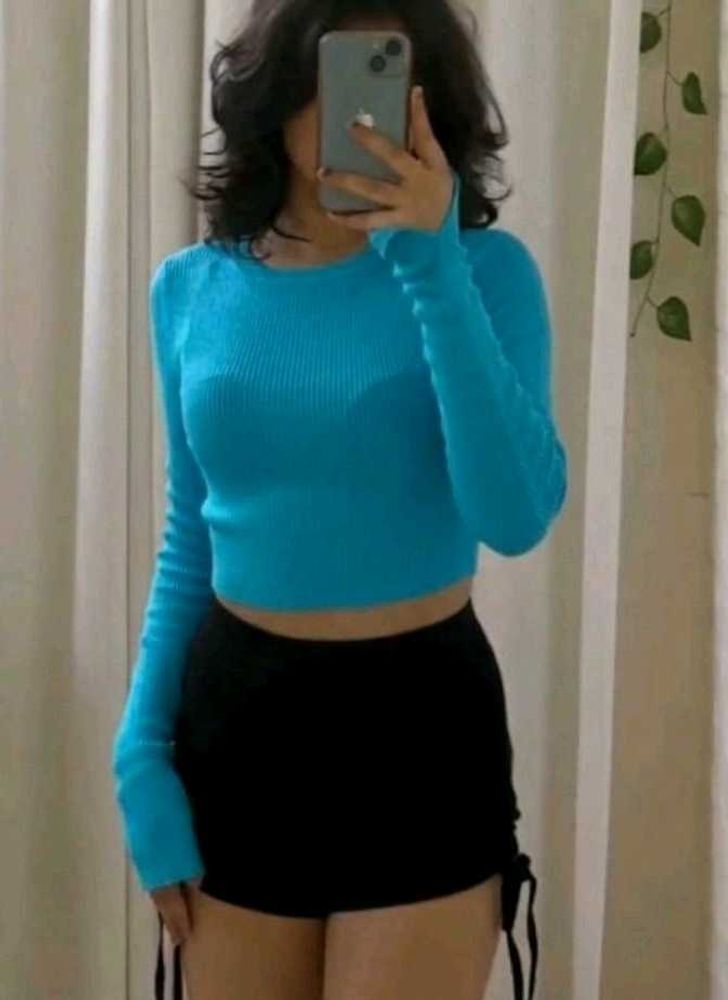 Turquoise Blue Ribbed Crop Top