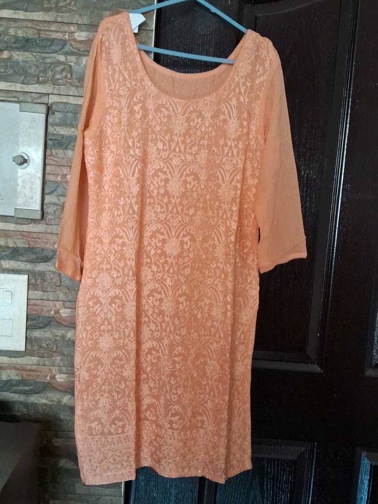 Peach Embroidered Kurta Sharara Dupatta Set