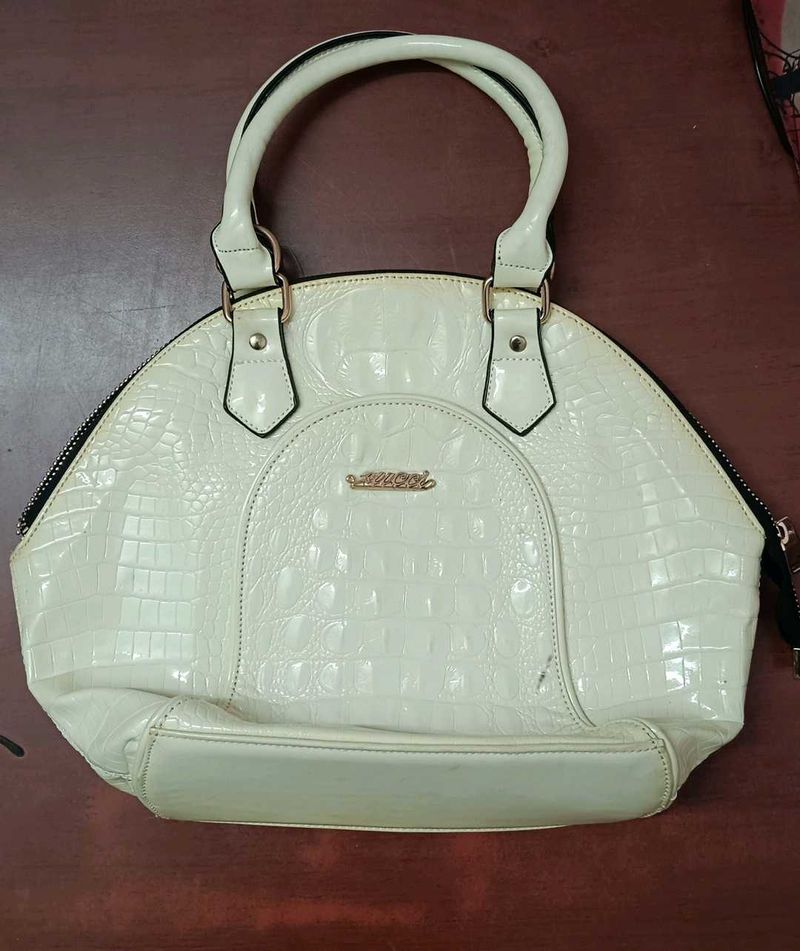 Cream Croc-Textured Dome Satchel Handbag