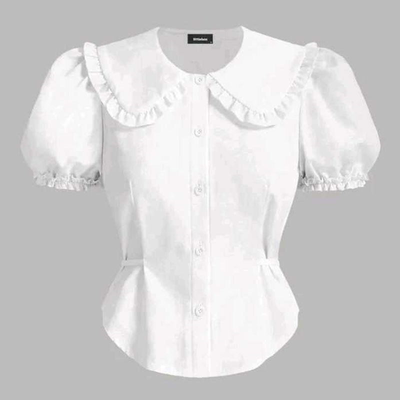 Ruffle Collar Puff sleeve Fitted Blouse in white