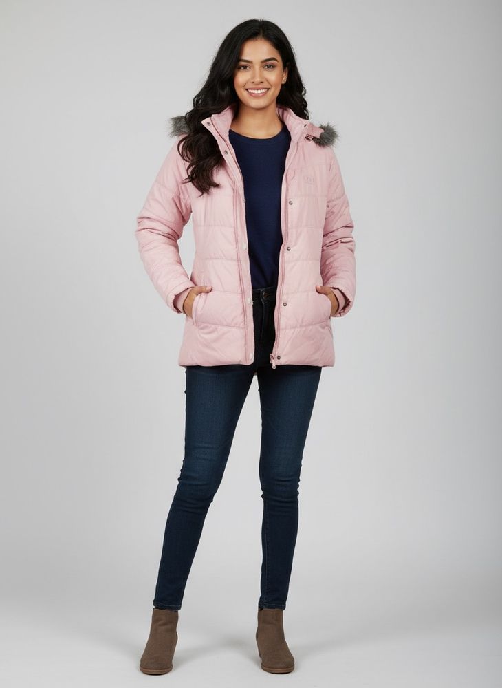 Pink Puffer Jacket with Fur Hood