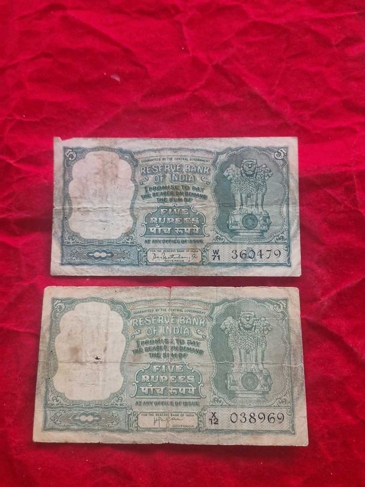 2 pcs Vintage Indian Five Rupee Notes