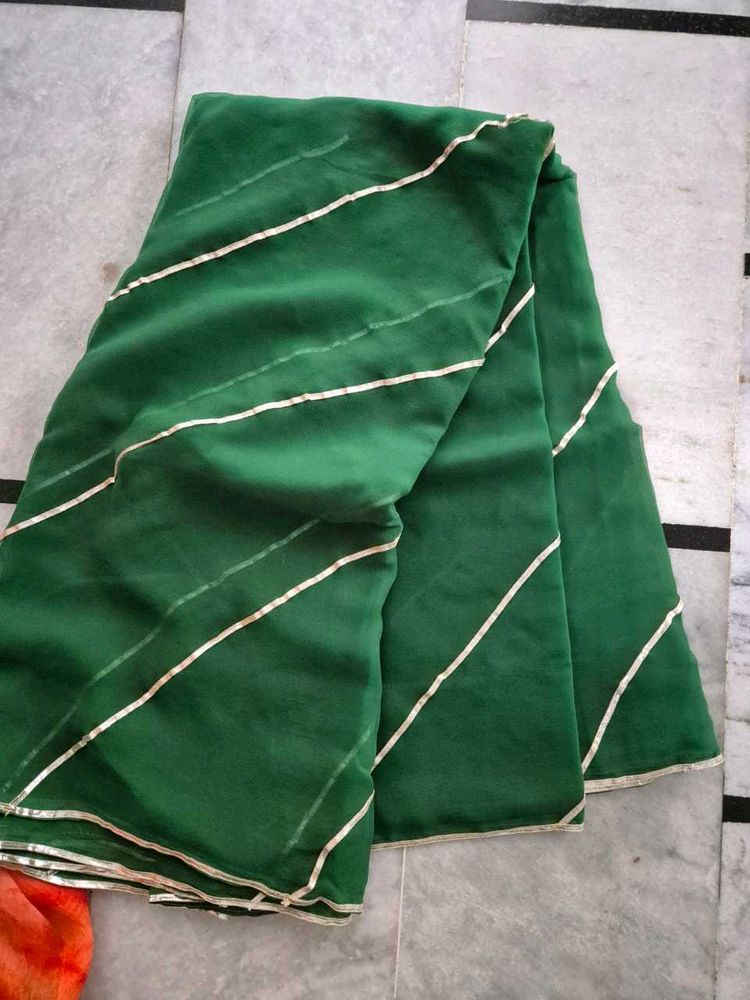Elegant Green Saree with Silver Stripes