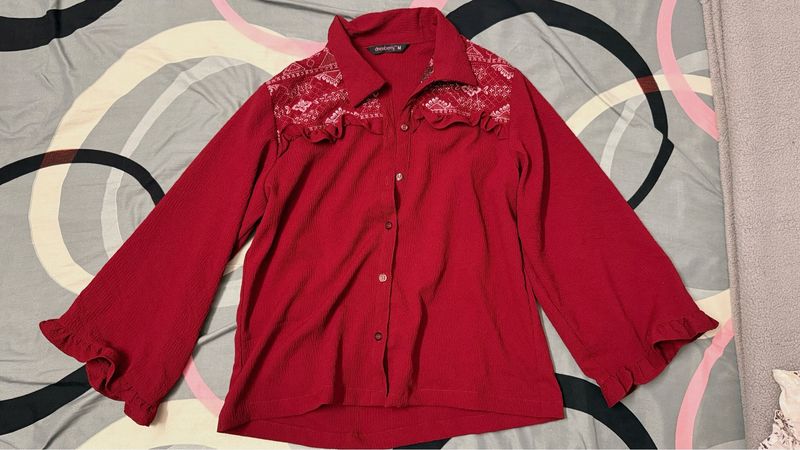 Red Bell Sleeve Embroidered women top