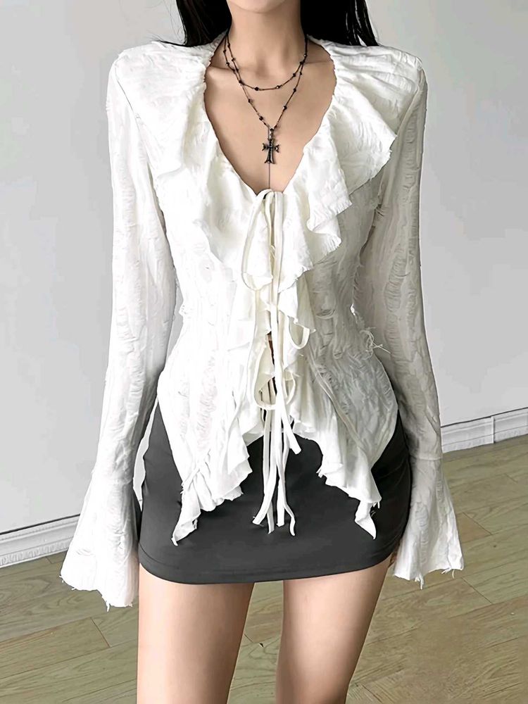Chic White Ruffle Tie-Front Top