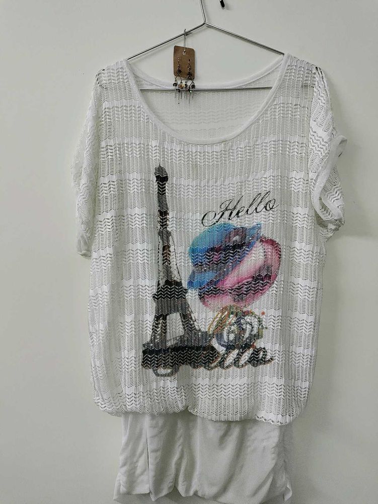 Eiffel Tower Graphic Top with Shiny Earrings.