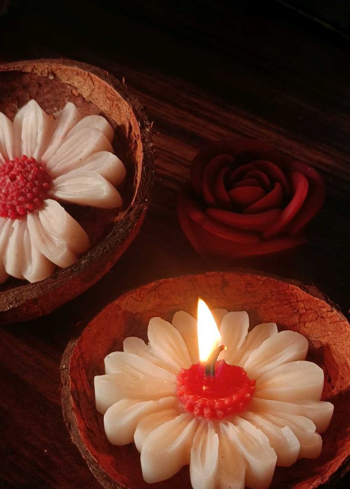 Handmade Flower Candles in Coconut Shells