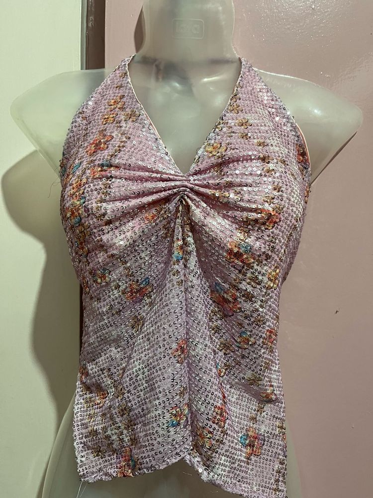 Y2K backless sequence halter top