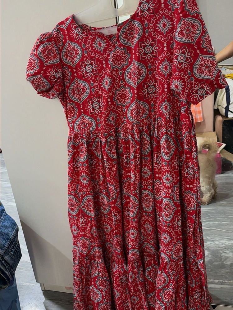 Red Floral Print Midi Dress