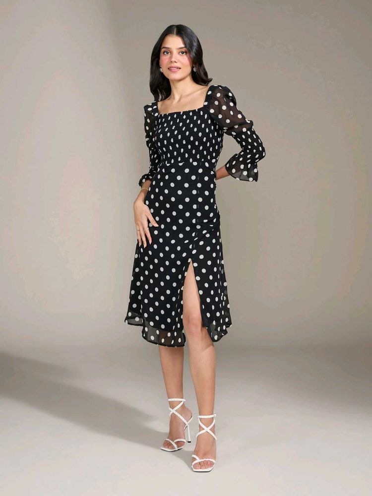 NEW Nykaa Fashion Polka Dot Square Neck Midi Dress