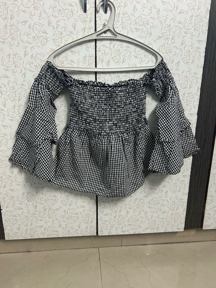 Imported Chic Gingham Off-Shoulder top with Bel