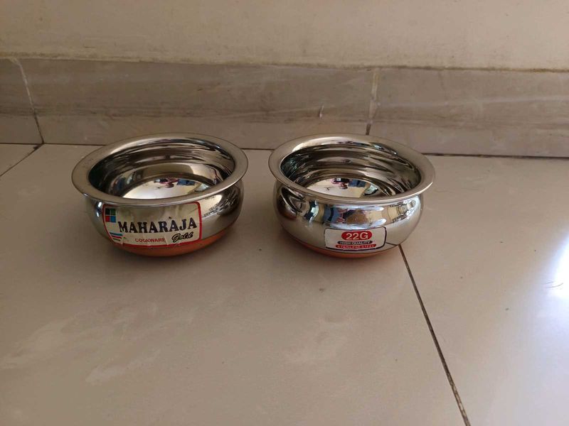 Unused 2 Pieces Stainless Steel Bowls Copper Base