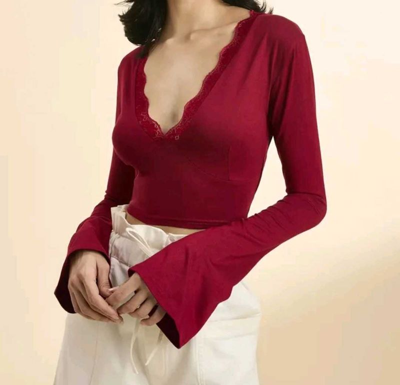 Elegant Bell Sleeve Lace Trim Crop Top